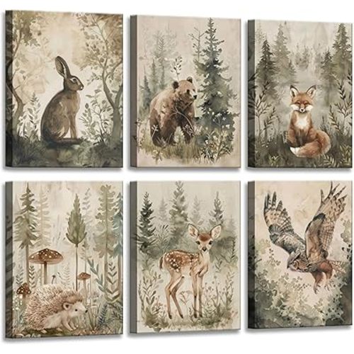 6 Pcs Woodland Nursery Canvas Wall Art Neutral Vintage Cottagecore Forest Safari Animals Natural Landscape Watercolor Painting Picture Wall Decor Poster Print Artwork for Baby Kids Room Decoration