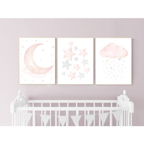 Blush Pink Nursery Prints: Moon, Stars, Cloud Wall Art