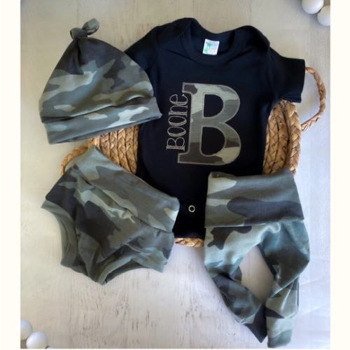 Personalized Camo Baby Boy Outfit | Summer Black Bodysuit With Camo In – Wonderfully Made