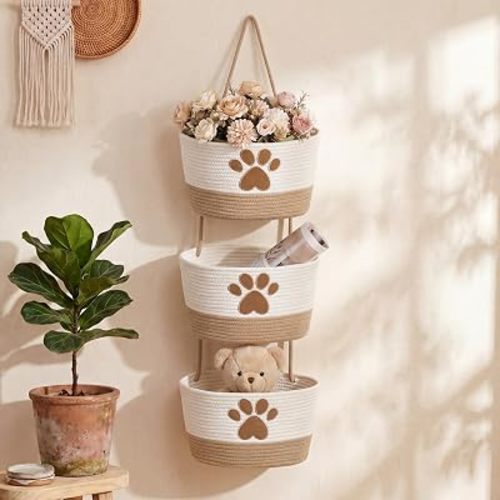 3-Tier Dog Paw Theme Cotton Rope Hanging Basket Organizer, Wall Storage Bin with Hooks, Beige Over Door Decorative Nursery Closet Hanging Accessories