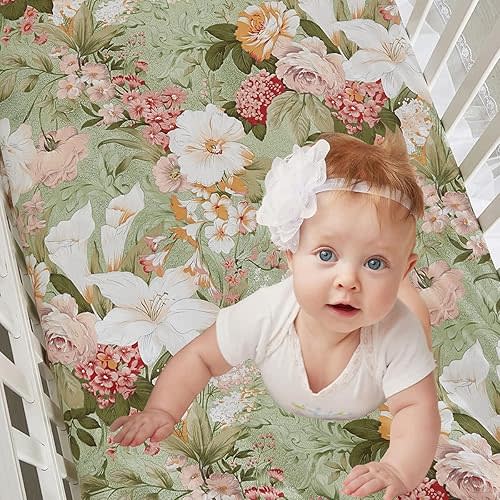 Brandream Luxury Softer Thicker Crib Sheets Set, 100% Organic Cotton Lilium Rose Floral Printed Toddler Sheets for Baby Girls, Breathable Comfy Durable, 28"x52" - Sage Green Ivory Blush Pink Yellow