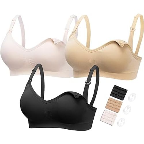 HOFISH Maternity Nursing Bras for Breastfeeding, 3 Pack Pregnancy Deep V Neck Wireless Bra with Extenders & Clips