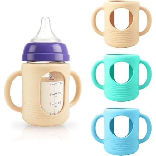 3-Pack Silicone Sleeves for New Lansinoh & Pigeon Glass Baby Bottle, BPA-Free Drop-Resistant Baby Bottle Sleeves with Handles, Compatible with New Lansinoh & Pigeon Glass Bottles (5 oz)