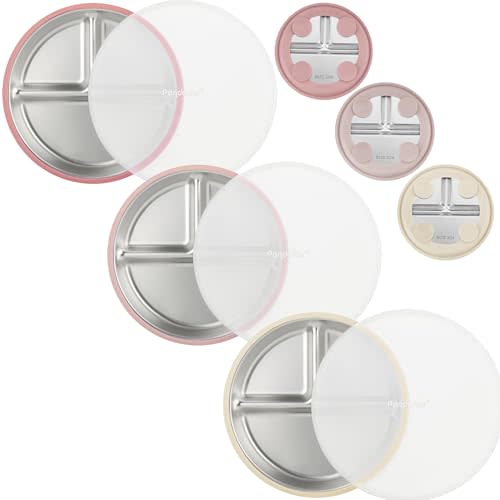 PandaEar 3 Pack Stainless Steel Baby Suction Plates, Divided Toddler Plate for Baby Led Weaning Supplies, Non-Slip Toddler Baby Feeding Set Dishwasher Safe (Pink/Linen/Light Pink, With Lids)