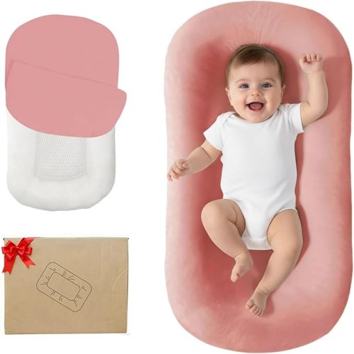 Lucakuins Baby Lounger, Bionic Design Baby Lounger for Newborn 0-24 Months, Soft Organic Cotton Breathable Lounger for Infants (Lovely Pink)