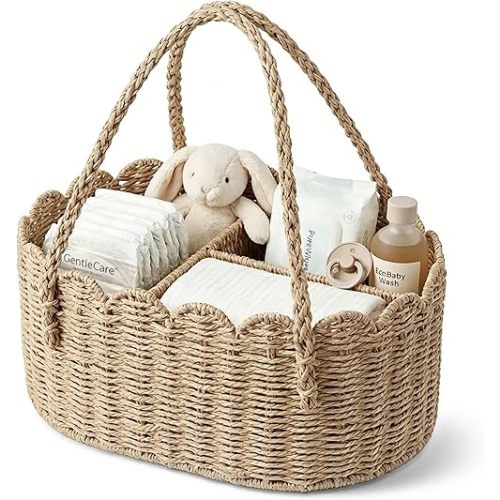 Diaper Caddy Organizer, Paper Rope Storage Baskets Nursery Bin with Removable Divider, Portable Car Organizer for Diapers, Baby Shower Gifts, Newborn Essentials Must Haves (Beige)