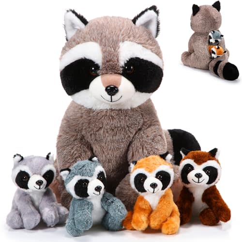 Harrycle 5 Pcs Raccoon Stuffed Animal Set Adorable Mommy Raccoon Plush with 4 Cute Babies in Tummy Soft Cuddly Plushie for Birthday Woodland Party Decor(Cuddly Style)