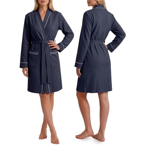Cotton Blend Lightweight Waffle Robe for Women Knee-Length Soft Bathrobe