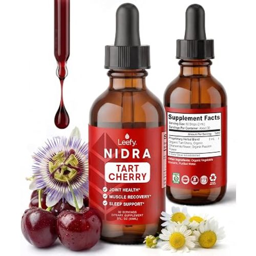 Leefy Organics Tart Cherry Supplement - Non-Habit Forming Melatonin Alternative for Sleep & Joint, Uric Acid Support - Fast Absorbing Liquid Tincture Drops with Chamomile, Passionflower - 30 Servings