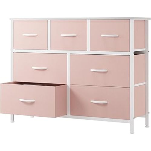 OLIXIS 7 Drawers Dresser for Bedroom, Fabric Storage Tower for Living Room, Entryway - Sturdy Steel Frame, Wooden Top and Easy Pull Fabric Bins, Closet Chests Organizer for Clothes,Pink