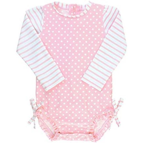 RuffleButts Baby Girls UPF 50+ Sun Protection Polka Dot Long Sleeve One Piece Rash Guard Swimsuit with Zipper