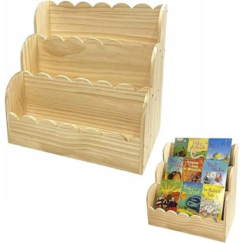 Scalloped Book Shelf for Kids, 3-Tier Wooden Bookshelf for Toddler, Durable Bookcase Book Organizer Display Furniture for Kids Rooms, Playroom, Nursery, Classroom (Natural, 16.5 * 16.5 * 11in)