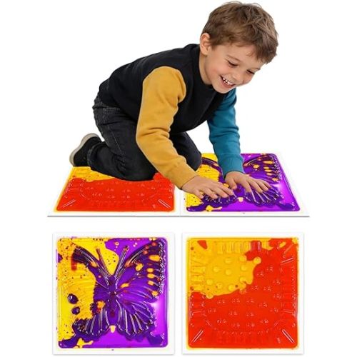 Liquid Sensory Floor Tiles for Kids: 12x12 Inch Active Play Mats for Kids Non-Toxic Leakproof -2 PCS Texture Non-Slip Color-Changing Pads Stress Relief & Motor Skills Toys