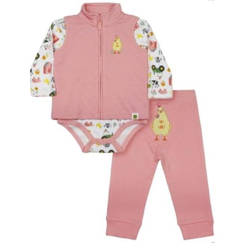 John Deere Pink Infant Girls 3 Piece Bodysuit, Pant and Vest Set Farm Animals