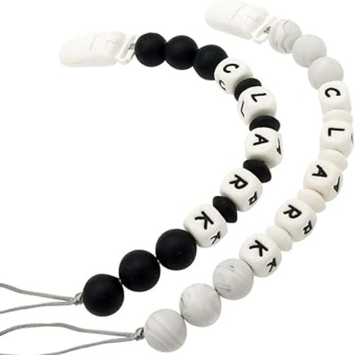 Personalized Pacifier Clip with Name, Customizable Pacifier Clip (2 Pack) (Black+Marble)