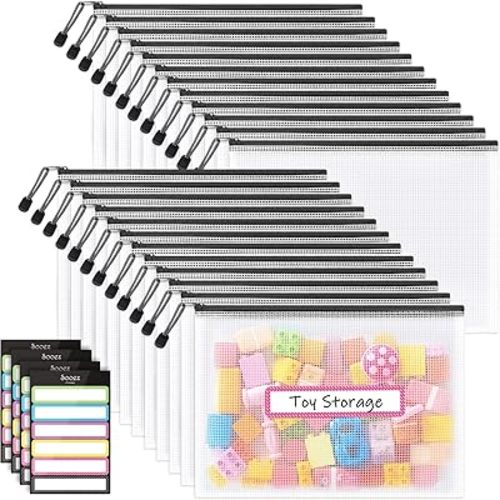 Sooez 24 Pack Mesh Zipper Pouch with Sticky Labels, A4 Mesh Bags, Sturdy Letter Size File Folders Organizer, Office School Classroom Supplies, Toy Storage Bag Board Game Puzzles Organization, Black