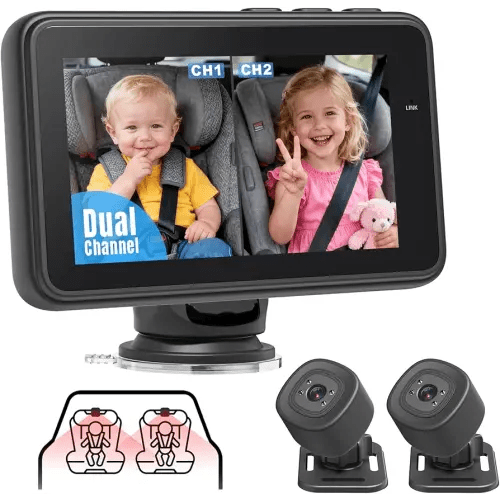Baby Car Camera for 2 Kids - 4.3" Dual Channel Car Baby Monitor with Split Screen,Night Vision, Wide View, Easy Install Rear Facing Backseat Camera for Baby