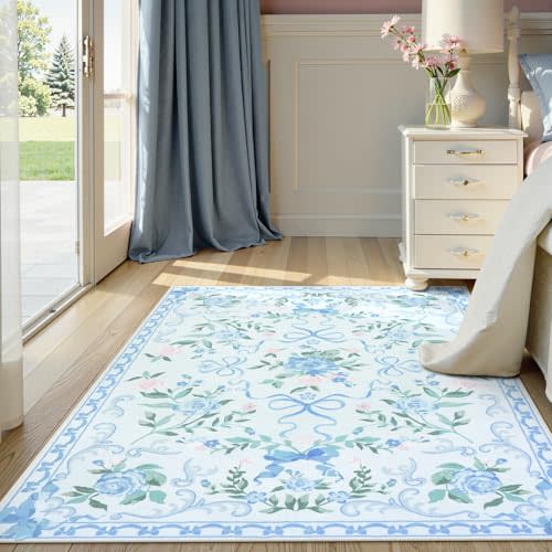 Collive 4x6 Blue Floral and Bow Washable Nursery Rug for Girls Bedroom | Soft Ultra-Thin Kids Dorm Room Area Rug, Non Slip Cute Carpet, Kawaii Mat for Entryway Playroom Living Room Hallway