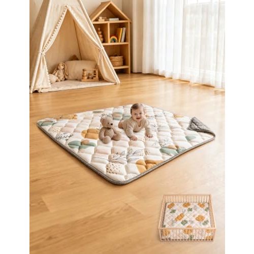 Dessports Baby Play Mat for Floor, 47x47 Thick Washable Foldable Tummy Mat | Foam Sponge Padding, Non Slip Base, Portable Indoor Outdoor Baby Floor Nursery Playpen Mat, Boho Style