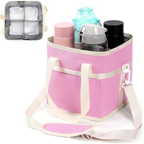 YFGBCX 4 Compartment Insulated Drink Carrier, Family Size Water Bottle Tote with Adjustable Strap & Handle, Foldable Tumbler Caddy for Car, Travel, Picnic & Daily Use