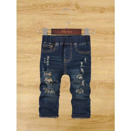 SHEIN Baby Boy Spring Summer Solid Washed Pocket Ripped Denim Jeans, Summer
