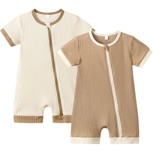 6-12 Month (Color: S Beige+apricot) Bafeicao Unisex Baby Boy Girl 2/3 Pack Rompers Short Sleeve 2 Way Zipper One Piece Jumpsuits Clothes Sets