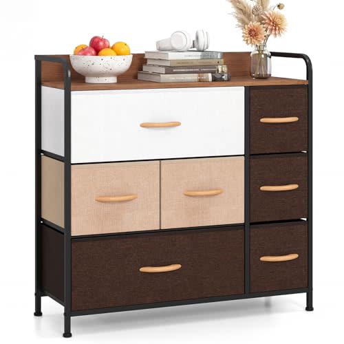 GIANTEX 7 Drawer Dresser Storage Tower with Foldable Fabric Drawers, Steel Frame & Wooden Top Vertical Organizer Unit for Closets, Nursery, Bedroom Utility Dresser Chest (32 x 12 x 31 inch)