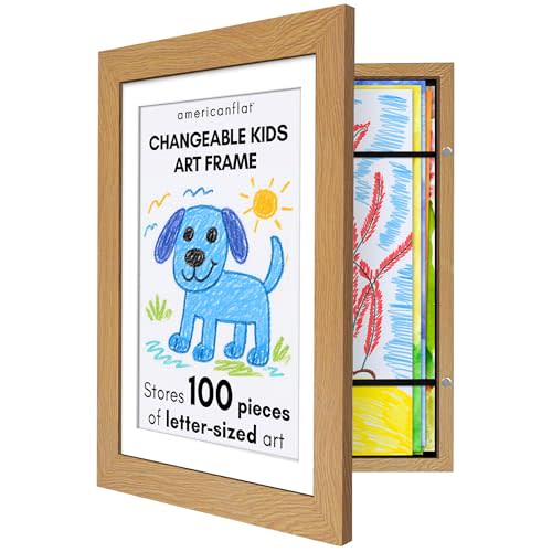 Americanflat Kids Artwork Frame Changeable (Dark Oak) - Magnetic Door Holds 100 Art Pieces - 8.5x11 Letter Size Display with Mat or 10x12.5 Without Mat - My Mini Masterpiece