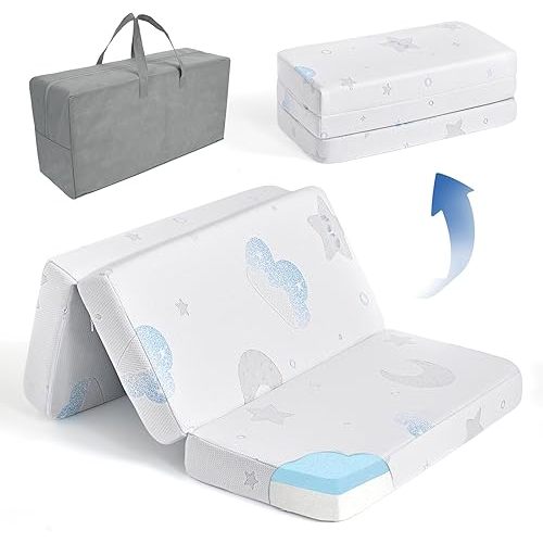 Trifold Pack and Play Mattress, 38"x26" Breathable Play Pen Mattress Pad, Dual-Sided Memory Foam & High Density Foam Baby Toddler Mattress, Removable Jacquard Cover & Travel Bag