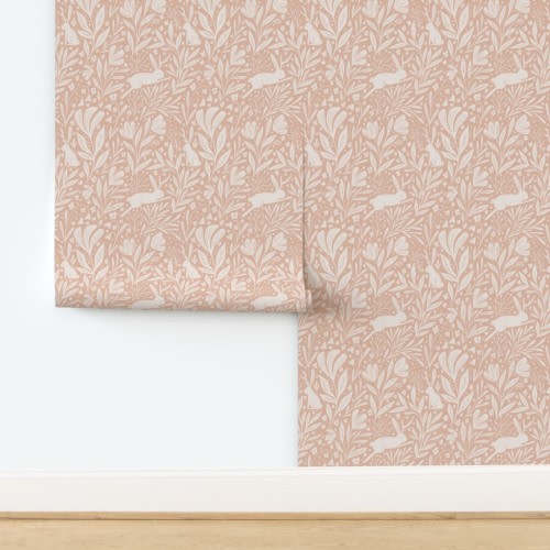 Wallpaper in Jackalopes - antlered rabbits in the flowers - pink - medium scale