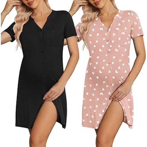 Ekouaer 2 Pack Labor/Delivery/Hospital Gown 3 in 1 Maternity Dress V Neck Nursing Nightgown Postpartum Pajamas with Button