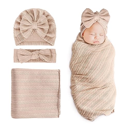 DRESHOW BQUBO Newborn Receiving Blanket Toddler Warm for Girls with Bow Hat and Bow Headband Shower Gift