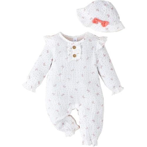Baby Girls One Piece Romper Jumpsuit Ribbed Knit Floral Print Long Sleeve Newborn Spring Outfits Clothes Set