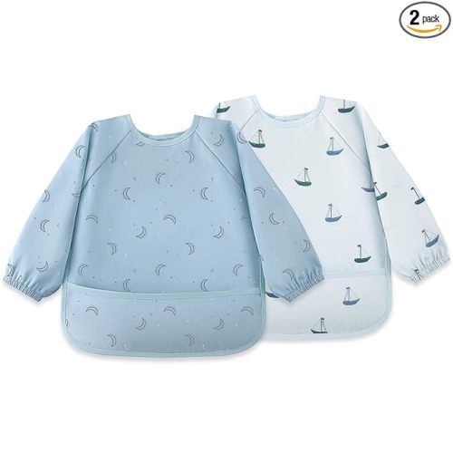Susurration Baby Long Sleeve Bib 2 Pack Waterproof Sleeved Bib Smock for Baby, Baby Reusable Feeding bibs, 6-36 Months Baby Feeding Essentials - Blue Boat