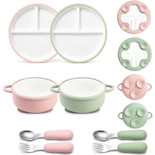 Daximo 8 Pcs Ceramic Baby Plates Set with Suction Sleeves, Spoons & Forks