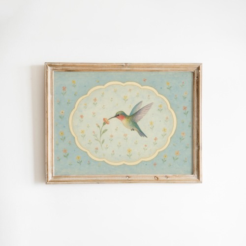 Hummingbird & Flower – Vintage Style Nursery Poster