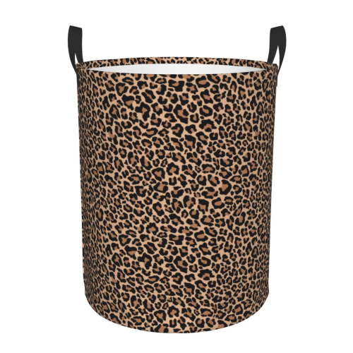 Rateoe Brown Leopard Pattern Round Laundry Hamper Basket, Tall Hamper Basket for Blanket Storage, Nursery Clothes Hamper for Laundry in Bedroom and College Dorm-Small