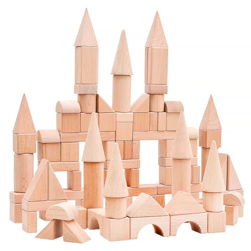 Timfuis Kids Wooden Blocks - 100 Pcs - Building Blocks for Toddlers - Natural Beech Wood Blocks - Preschool Learning Toys Stacking Block