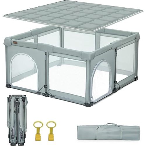 Foldable Playpen with Detachable Thicken Mat,59x71 Inches Portable Playpen,Collapsible Play Pen for Babies and Toddlers,Indoor & Outdoor Baby Fence Play Area,Cold Gray