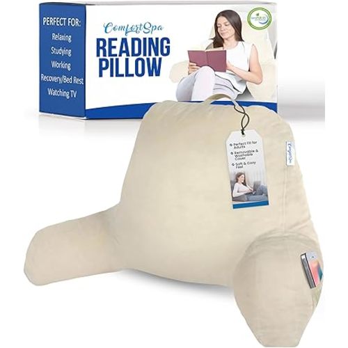 ComfortSpa Reading Pillow for Bed Adult Size, Back Rest Pillow with Arms, Pockets and Washable Cover; Use as Bed Pillows for Sitting Up in Bed for Bedrest or Relief from GERD Heartburn (Large Black)