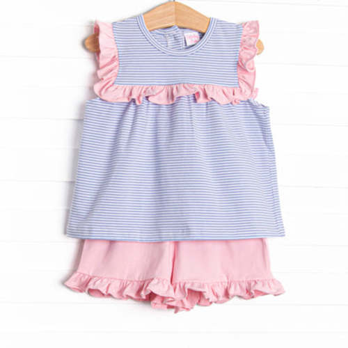 Bonnie Ruffle Short Set, Light Pink and Periwinkle Stripe – Stitchy Fish