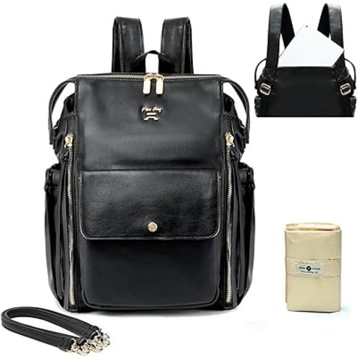 Miss Fong Leather Diaper Backpack - Baby Diaper Bag with 13 Pockets, Changing Pad, Stroller Straps, 4 Insulated Pockets (Black)