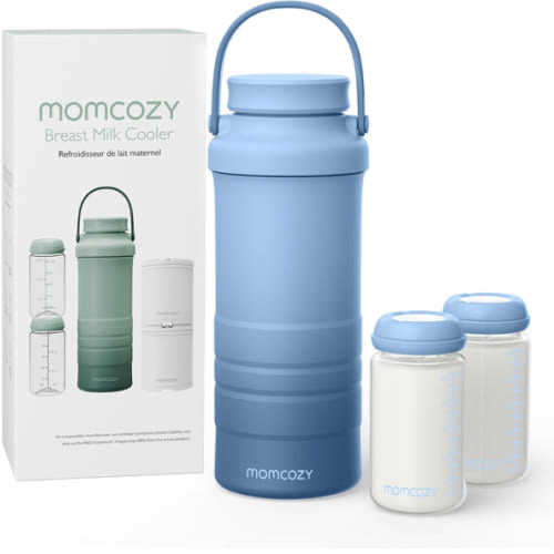 Momcozy 22oz Portable Breast Milk Cooler for Outdoor, Life Saver with 360° Total Cooling for 24 Hours, Larger Capacity Travel Breastmilk Chiller with 2pcs Baby Bottles for Breastmilk Storage, Blue