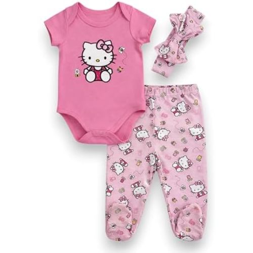 Hello Kitty Baby Girls 3-Piece Footie Set, Short Sleeve Onesie Bodysuit, Footed Pants