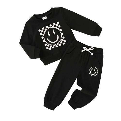Fall Outfits for Toddler Girl Boy Long Sleeve Smile Face Sweatshirt Top Sweatpants Clothes Set Sweatsuit