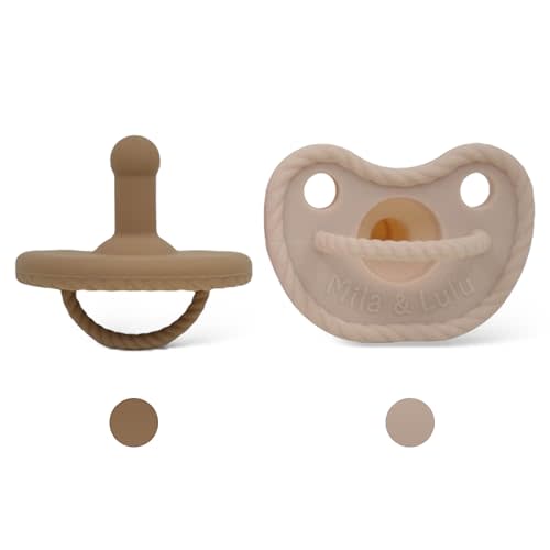 Mila & Lulu Round Silicone Pacifiers (Set of 2) – 100% Food-Grade, One-Piece Design, Soft Round Nipple, Airflow Shield, Multi-Use Pacifier & Teether for Newborns and Infants 0+ Months - Beige/Hazel