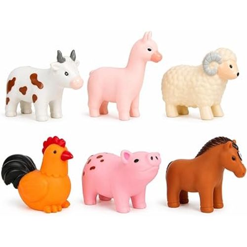 No Hole Bath Toys for Babies, 6 Pack Sealed Farm Animal Bath Toys for Toddlers 1-3 with Mesh Storage Bag, Soft Non-Squirting Baby Water Toys, Cow Pig Horse Sheep Chicken Alpaca