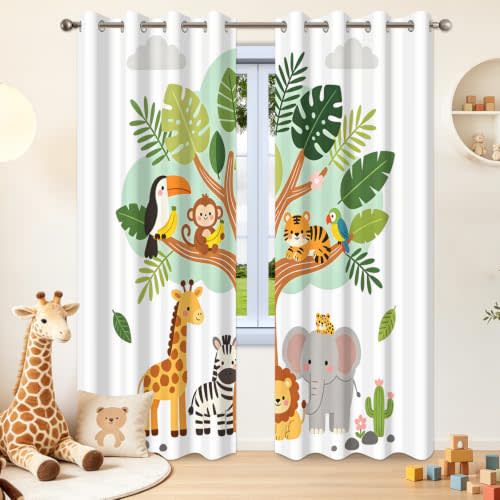 Safari Animal Blackout Curtains 42x63 Inch 2 Panels | Cartoon animal giraffe zebra lion elephant pattern, Thermal insulated soundproof, Window treatment grommet for nursery room