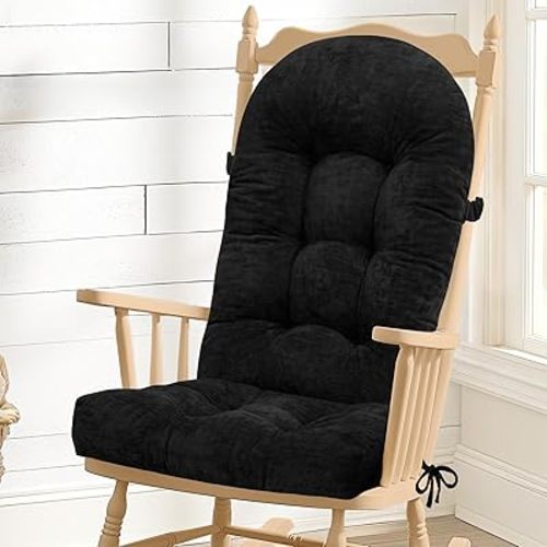 Rocking Chair Cushion - Chenille Fabric, High-Density Sponge, Durable Comfort Double-Sided Tufted Seat Pads with Ties, Chenille︱Black, 44x19x4 inch