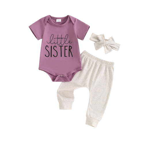 Newborn Baby Girl Little Sis Outfits Letter Short Sleeve T-shirt Romper Pants Set Headband Coming Home Hospital Clothes